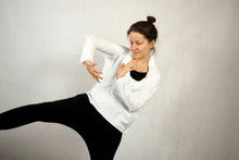 Load image into Gallery viewer, drop crotch pants with waistband and cowl neck top, handmade yoga wear, made to measure yoga wear, organic cotton jersey, ethically sourced, handmade by icancu, i can c u yoga