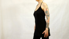 Load image into Gallery viewer, halter top yoga top black jersey organic cotton and bamboo superjersey tattoo sleeve by noon mountain pose kundalini yoga