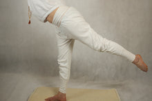 Load image into Gallery viewer, harempants organic cotton, comfortable yoga pants with waistband, lounge wear, white clothes, kundaliniwear, asana, mala with yoga top