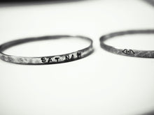 Load image into Gallery viewer, sat nam mantra bangle kundalini yoga, handmade, made of sterling silver hand stamped and textured, unique gift, made by i can c u yoga and yoga wear