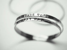 Load image into Gallery viewer, sterling silver bangle with kundalini yoga mantra, kundalini yoga practice, sat nam, satnam, sat naam, wahe guru, bij mantra, hand stamped, handmade jewellery, made by i can c u, icancu, yoga wear