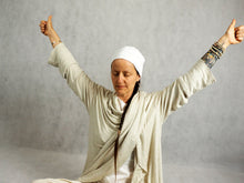 Load image into Gallery viewer, ego eradicator kundalini yoga exercise, powerful mudra to heal and grow stronger, kundalini yoga meditation, kundalini yoga head cover, tube, white kundalini wear, cardigan, meditation shawl