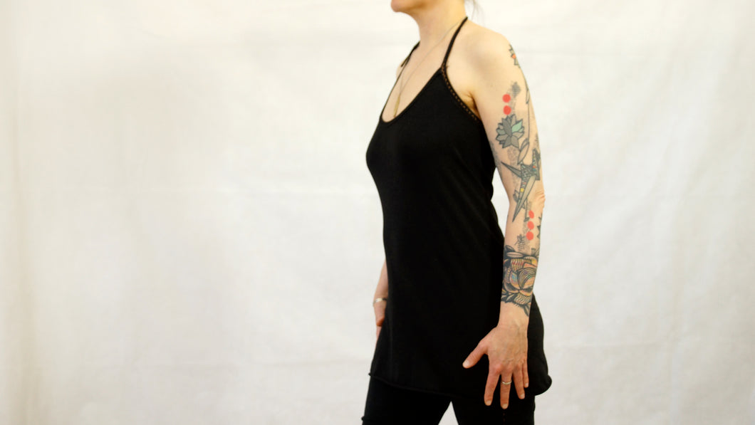 halter top yoga top black jersey organic cotton and bamboo superjersey tattoo sleeve by noon mountain pose kundalini yoga