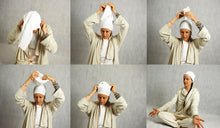 Load image into Gallery viewer, how to wear the head cover, easy turban, head scarf, made of organic cotton jersey, meditate, kundalini yoga wear by i can c u, icancu yoga wear, photo sequence, instructions on how to wear turban
